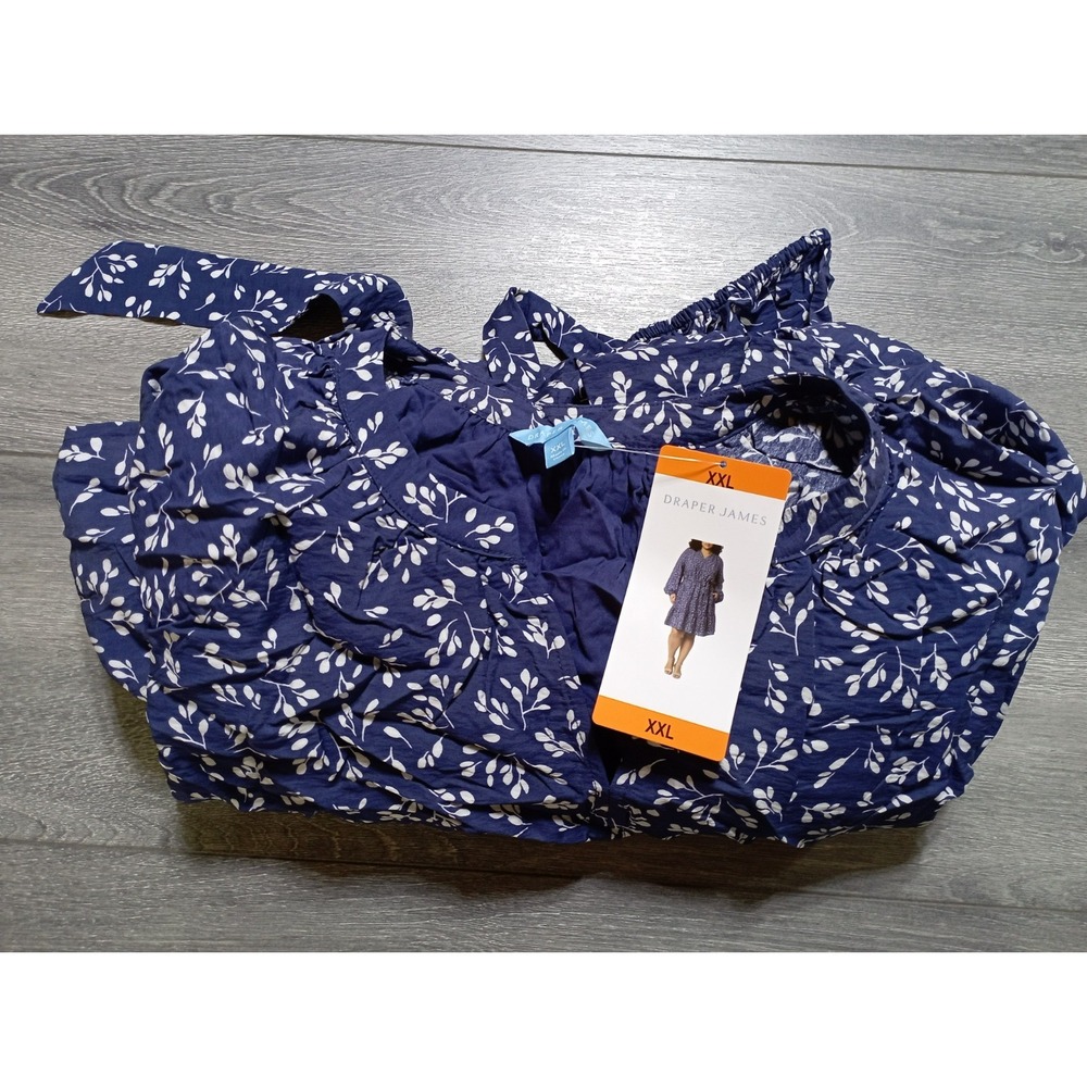 Draper James Dress Womens 2XL Navy Blue Floral Long Sleeve Pockets Belted NEW